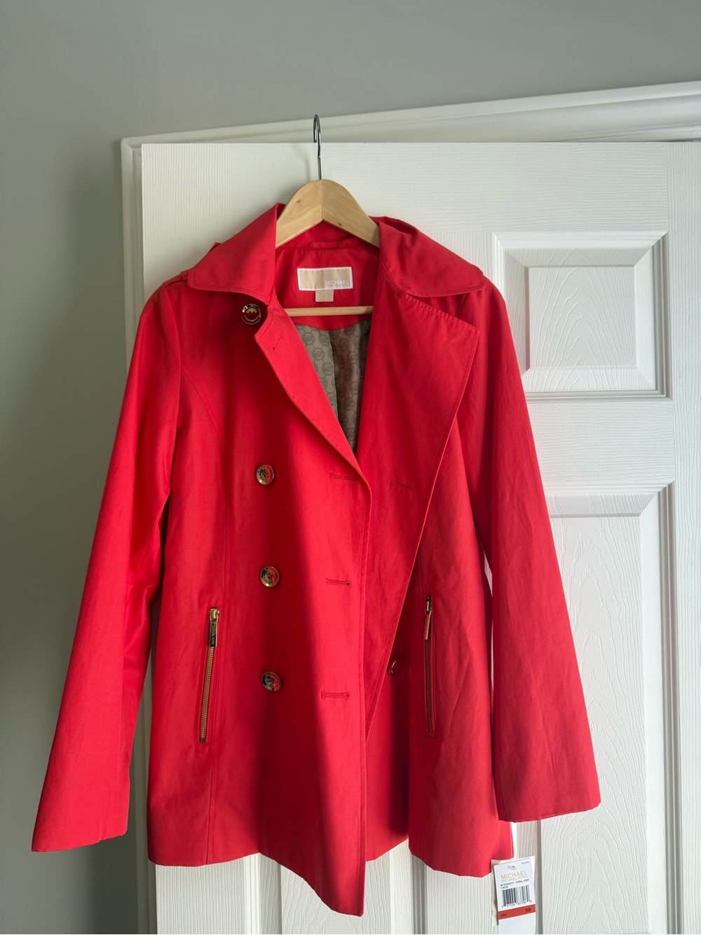 MICHAEL Michael Kors Red Double-Breasted Trench Coat with Gold Zippers